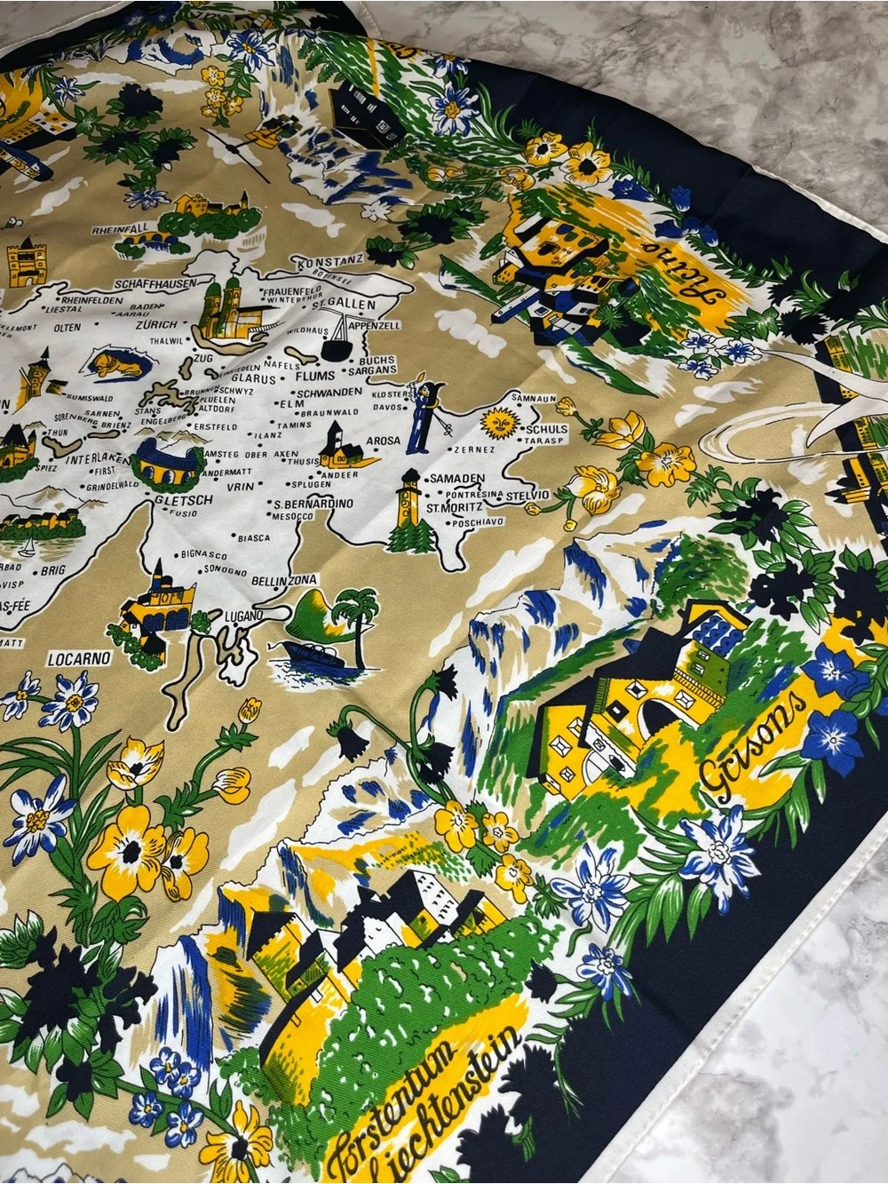 Vintage Map Print Silk Scarf in Navy, Yellow & Green